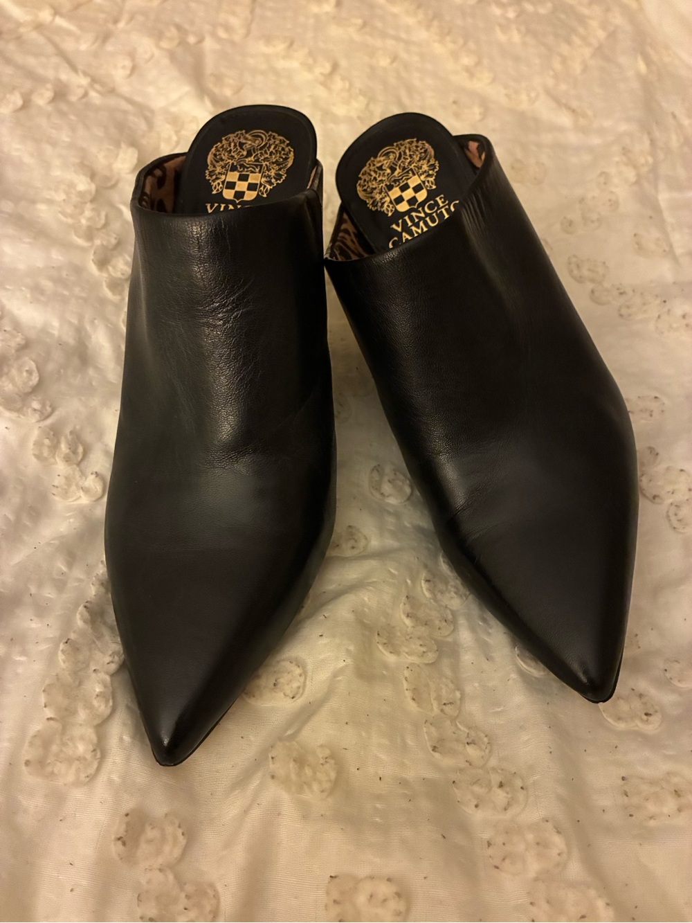 Vince Camuto Black Pointed Leather Mule Heels with Leopard Lining - Picture 11 of 16